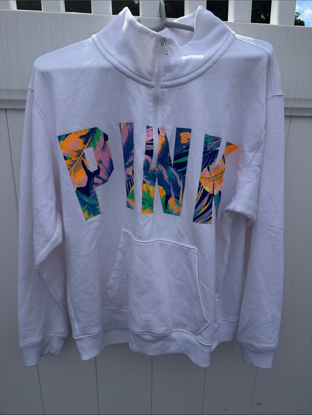 PINK Victoria's Secret White Half-Zip Pullover with Tropical Multicolor Logo